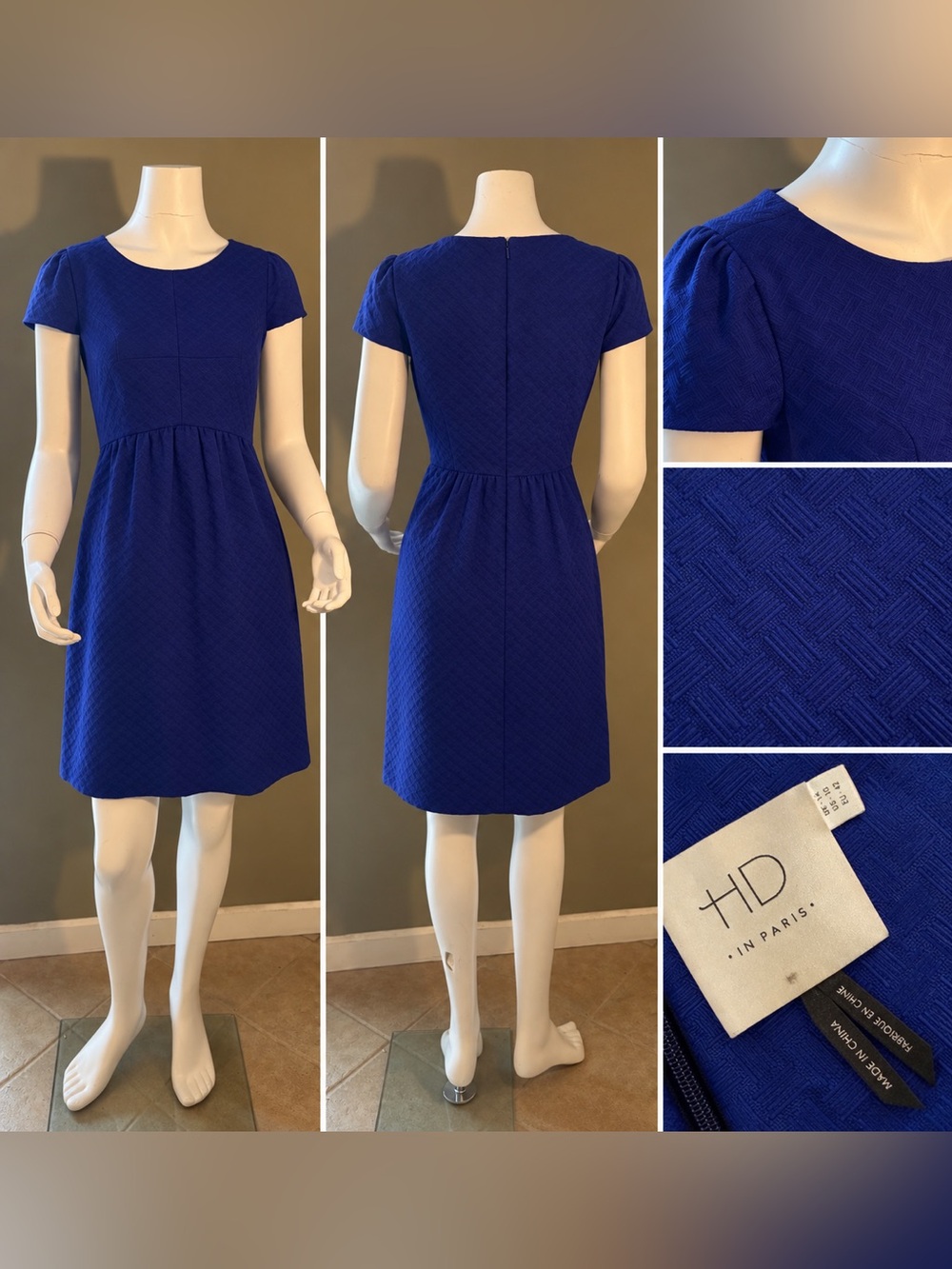 Anthropologie HD in Paris Short Sleeve Textured Mini Dress in Royal Blue